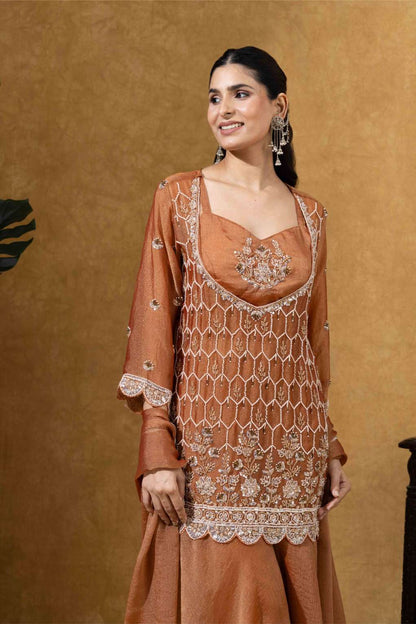 Rust Orange Embroidered Kurta Palazzo Set
