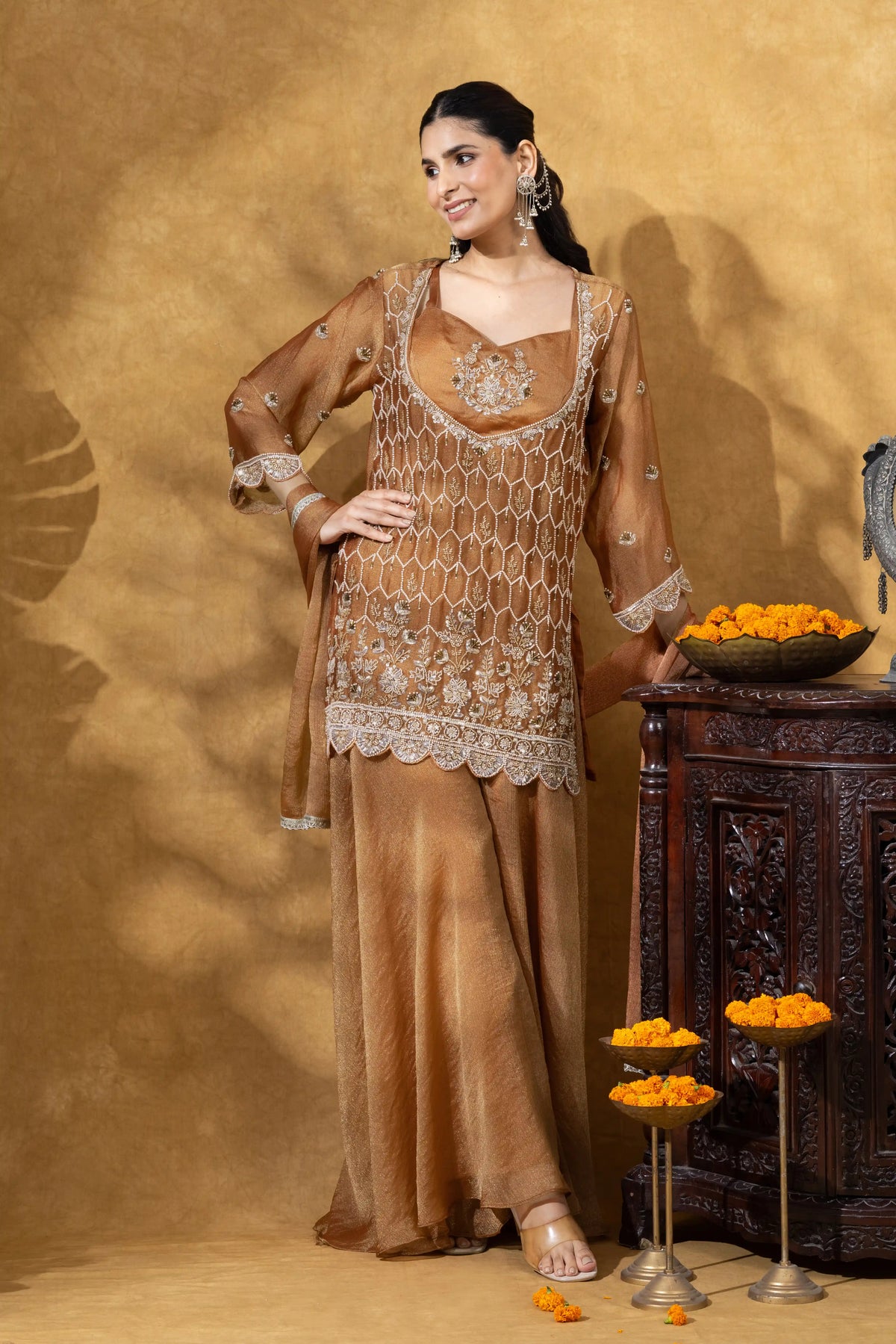 Rust Brown Embroidered Kurta Palazzo Set