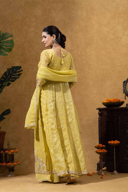 Golden Yellow Embroidered Anarkali Set with Pants &amp; Dupatta