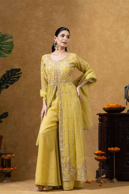 Golden Yellow Embroidered Anarkali Set with Pants &amp; Dupatta