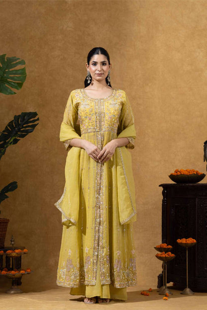 Golden Yellow Embroidered Anarkali Set with Pants &amp; Dupatta