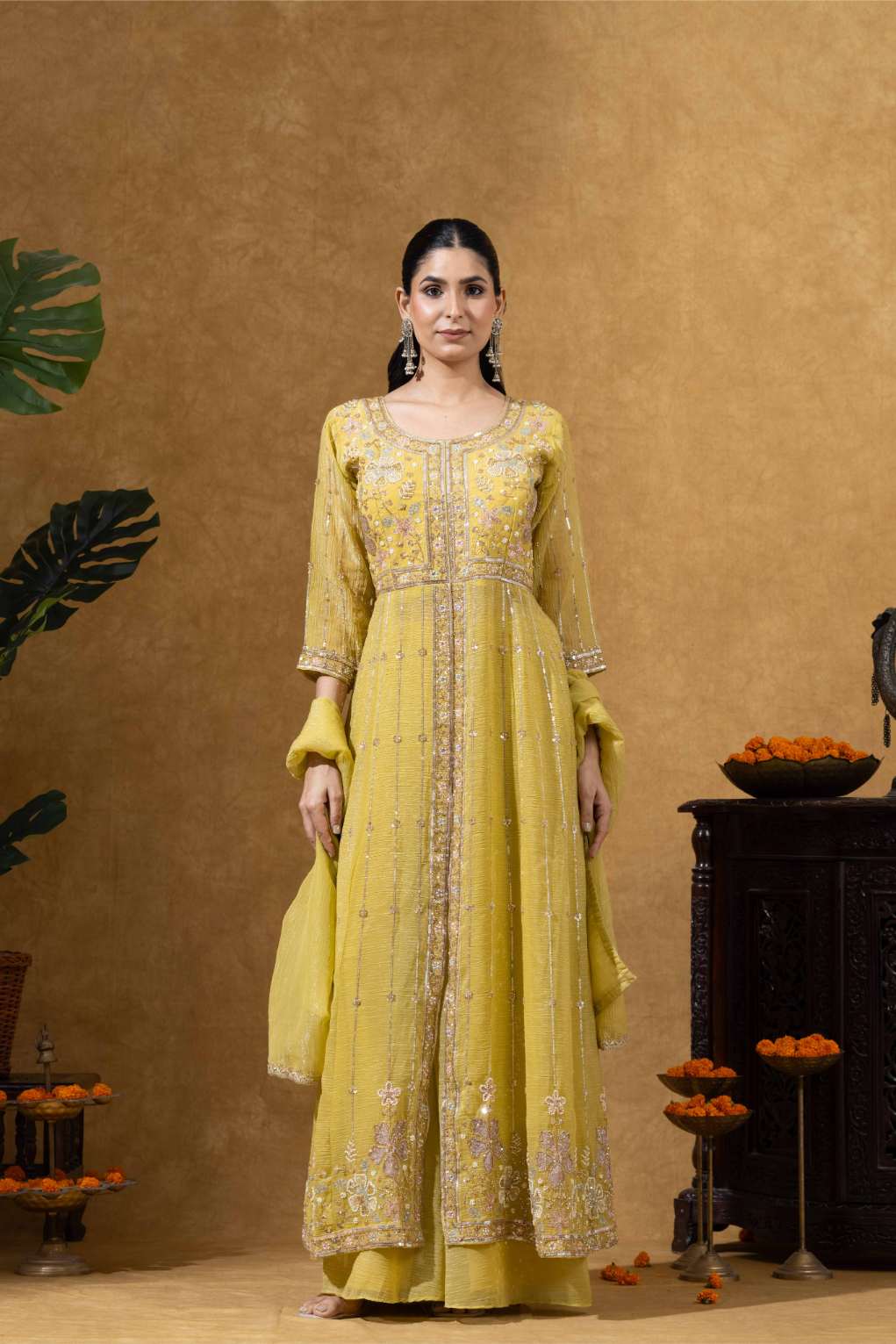 Golden Yellow Embroidered Anarkali Set with Pants &amp; Dupatta