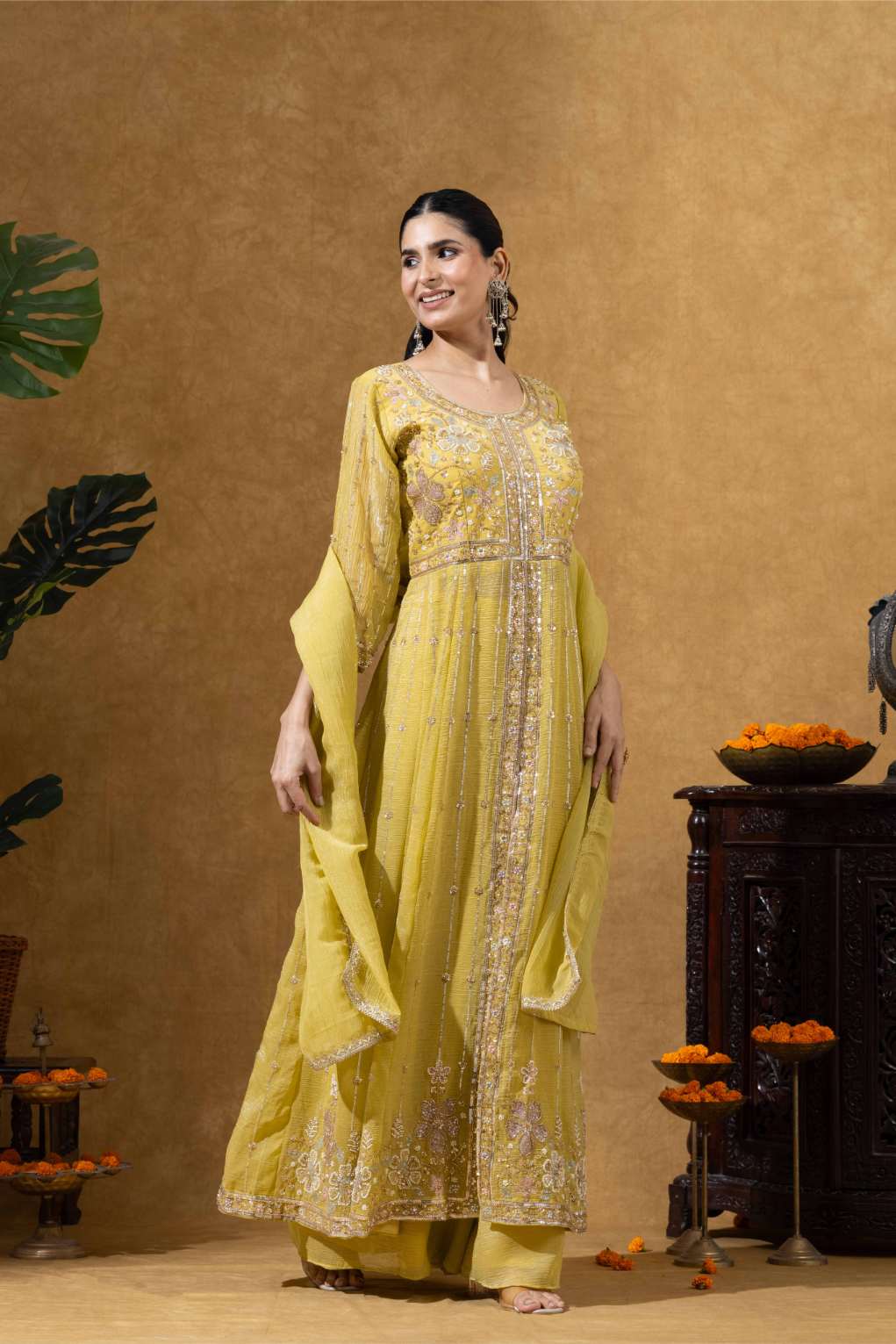 Golden Yellow Embroidered Anarkali Set with Pants &amp; Dupatta