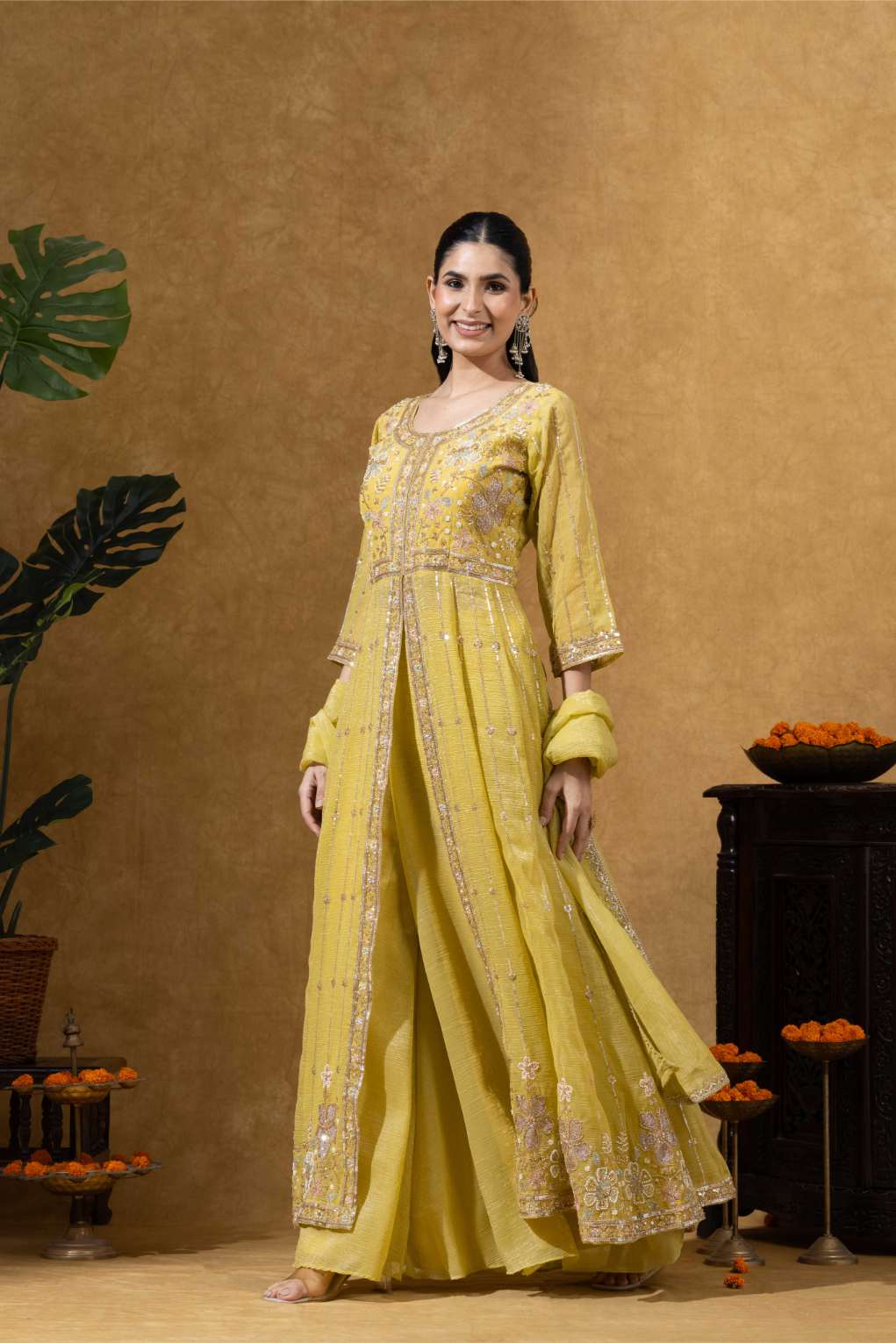 Golden Yellow Embroidered Anarkali Set with Pants &amp; Dupatta