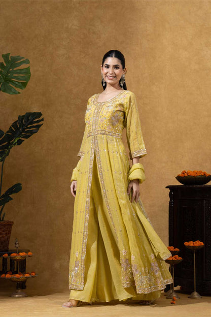 Golden Yellow Embroidered Anarkali Set with Pants &amp; Dupatta