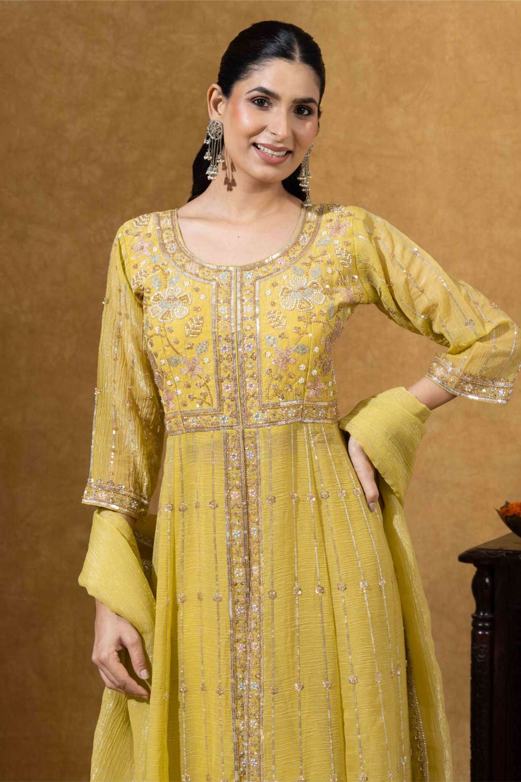 Golden Yellow Embroidered Anarkali Set with Pants &amp; Dupatta
