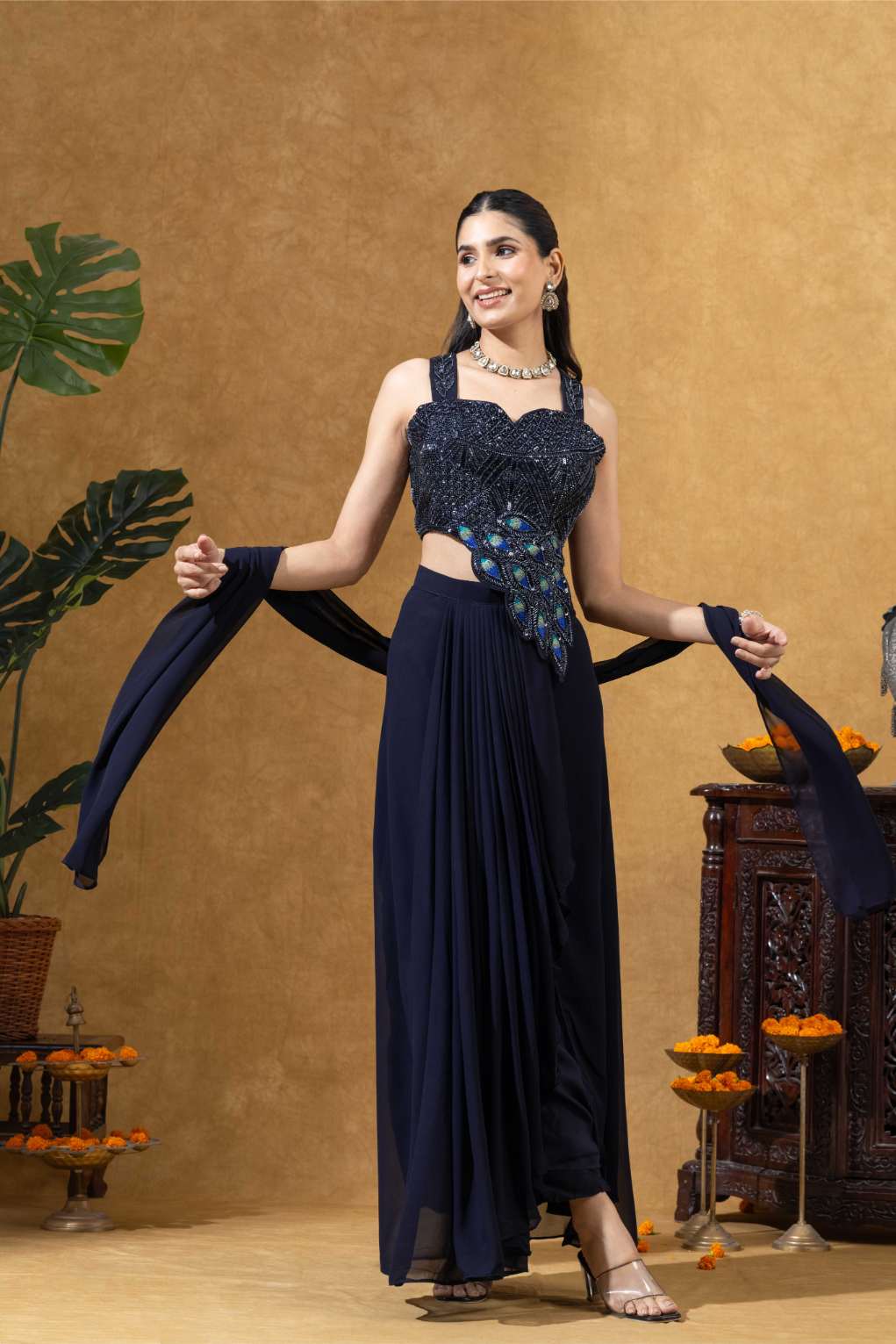 Blue Embellished Corset Draped Pleated Skirt Set