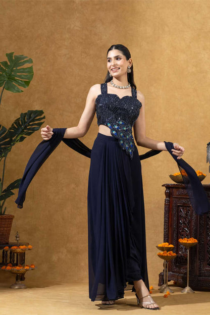 Blue Embellished Corset Draped Pleated Skirt Set