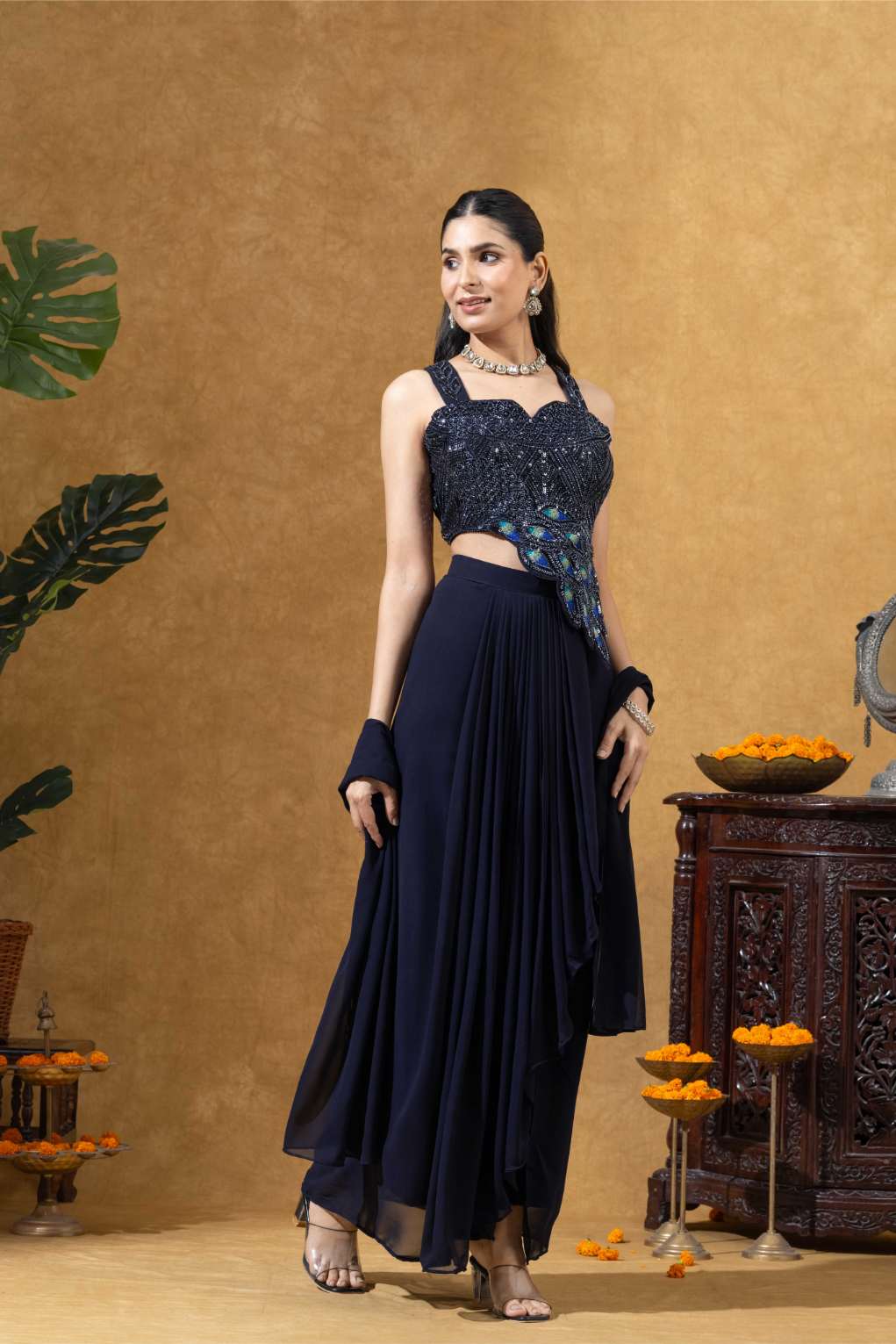 Blue Embellished Corset Draped Pleated Skirt Set