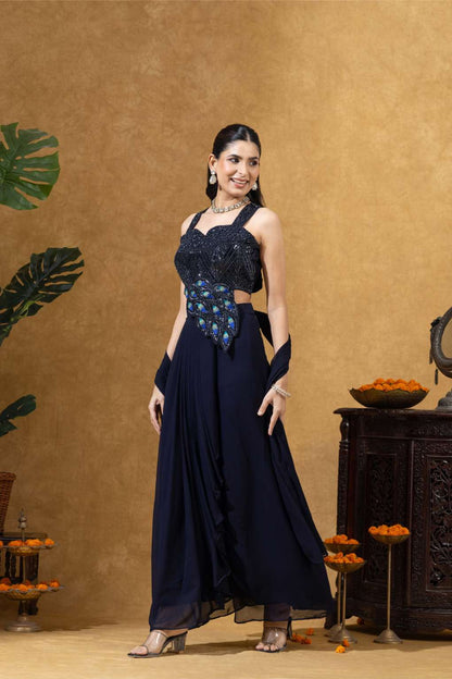 Blue Embellished Corset Draped Pleated Skirt Set