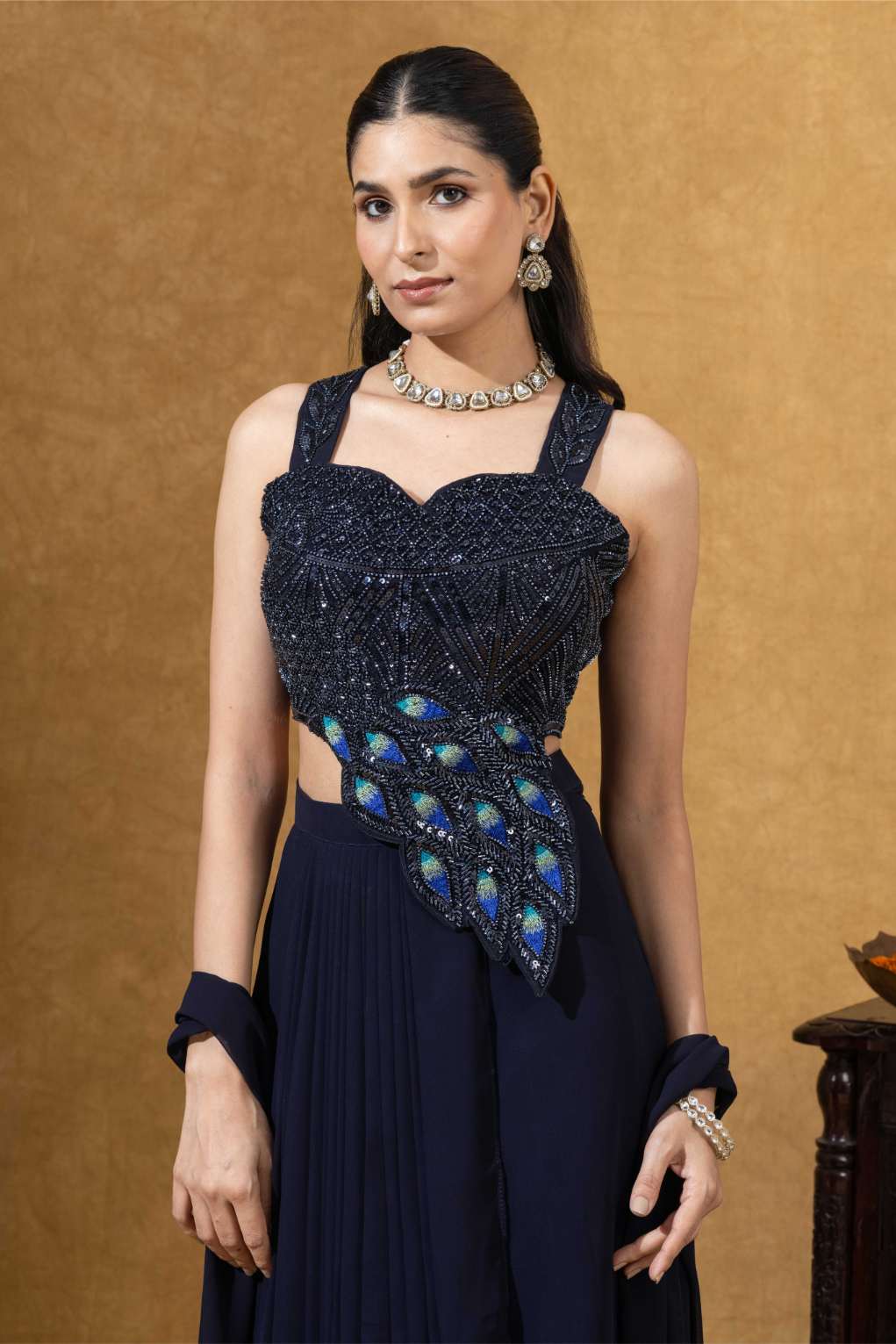 Blue Embellished Corset Draped Pleated Skirt Set