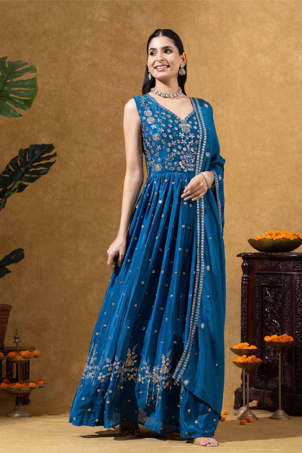 Blue Embellished Anarkali Set
