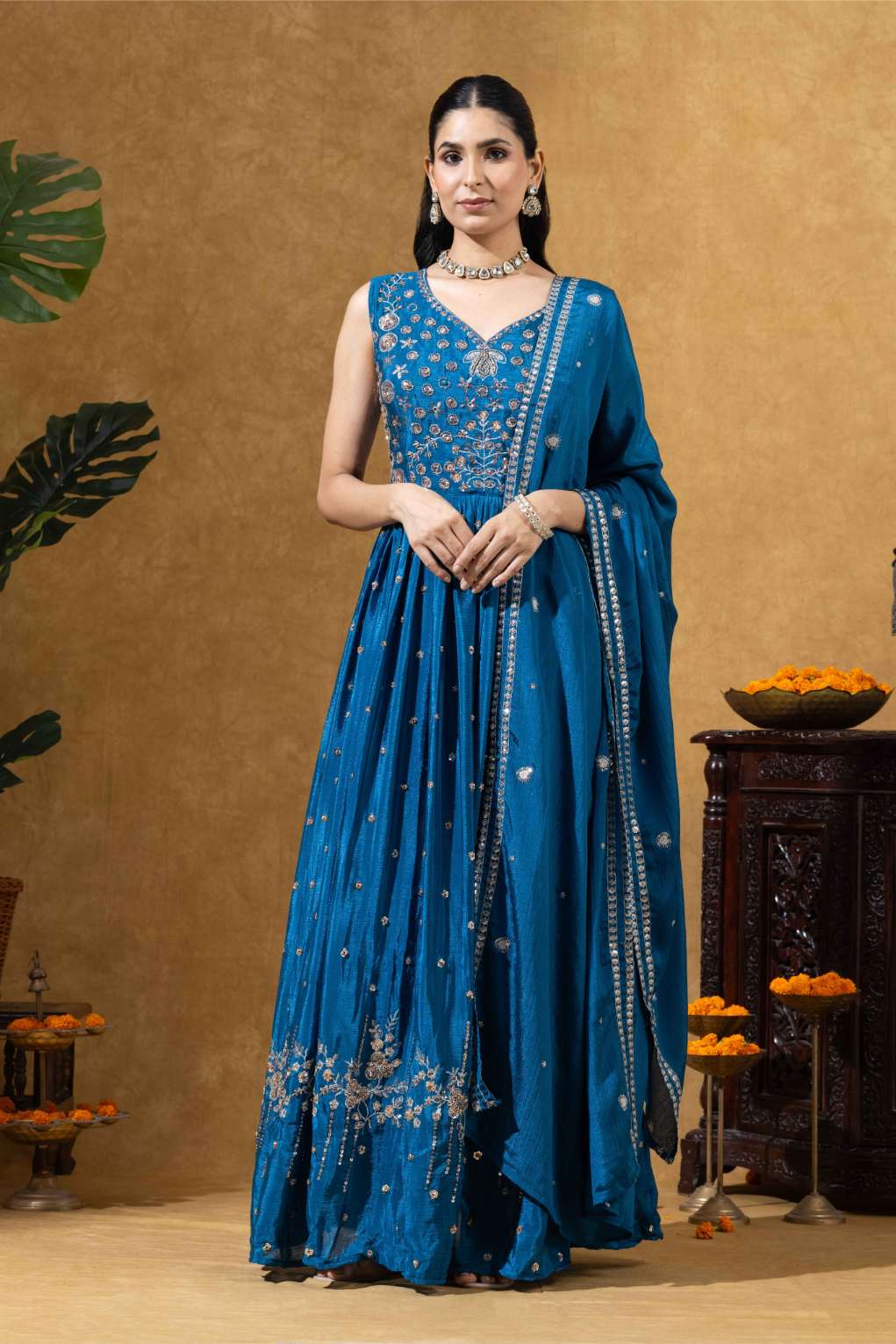 Blue Embellished Anarkali Set