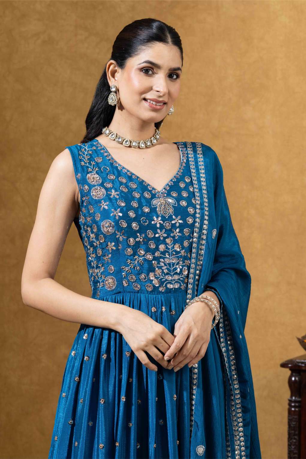 Blue Embellished Anarkali Set