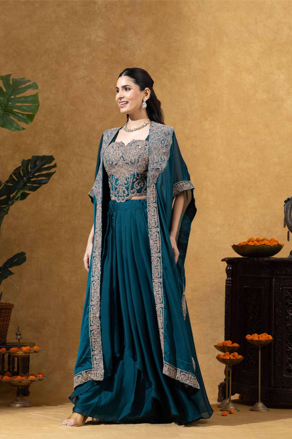 Bottle Green Embellished Skirt Set