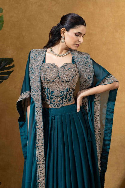 Bottle Green Embellished Skirt Set