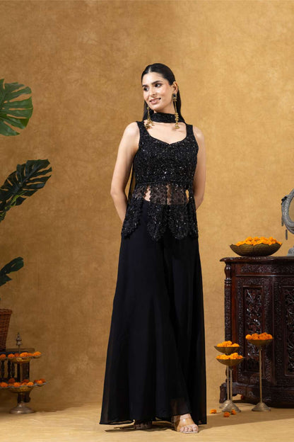 Midnight Black Embroidered Sharara Set