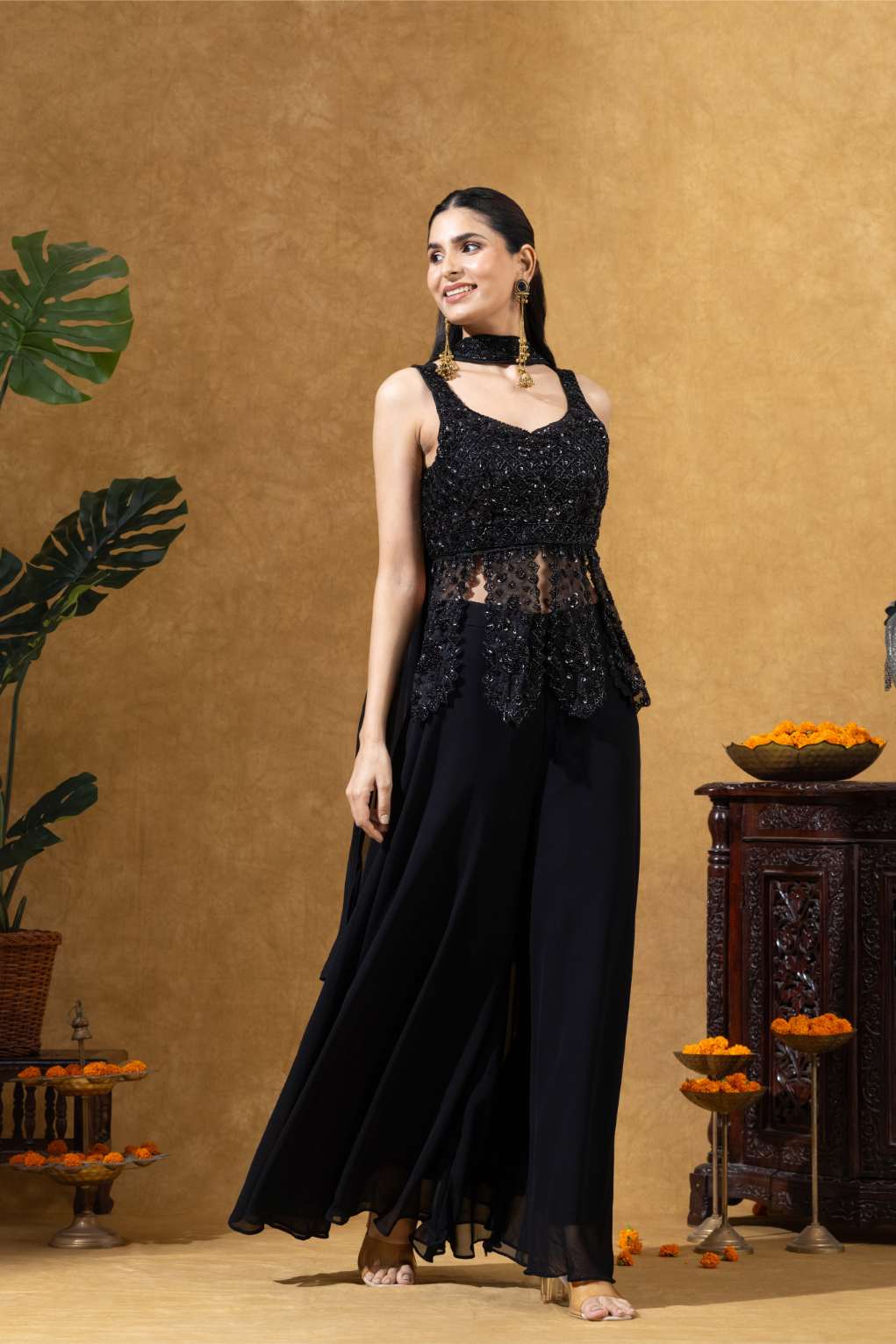 Midnight Black Embroidered Sharara Set