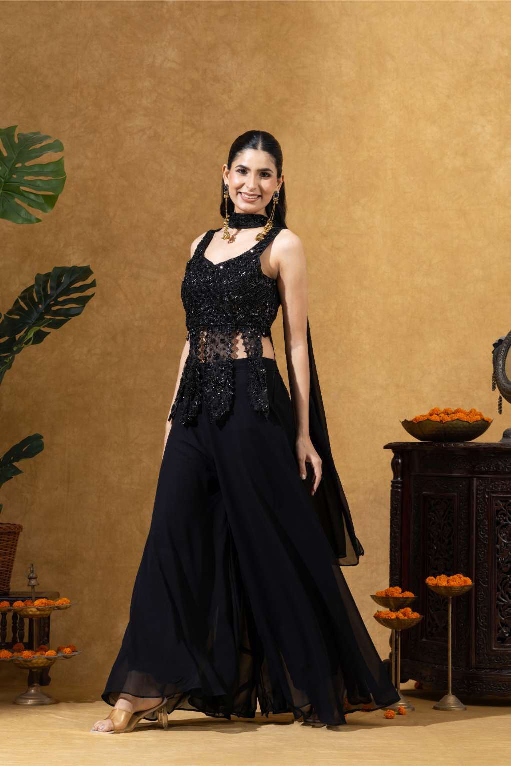 Midnight Black Embroidered Sharara Set