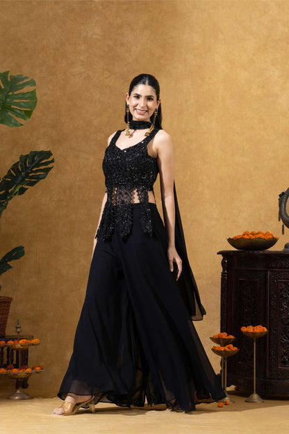 Midnight Black Embroidered Sharara Set