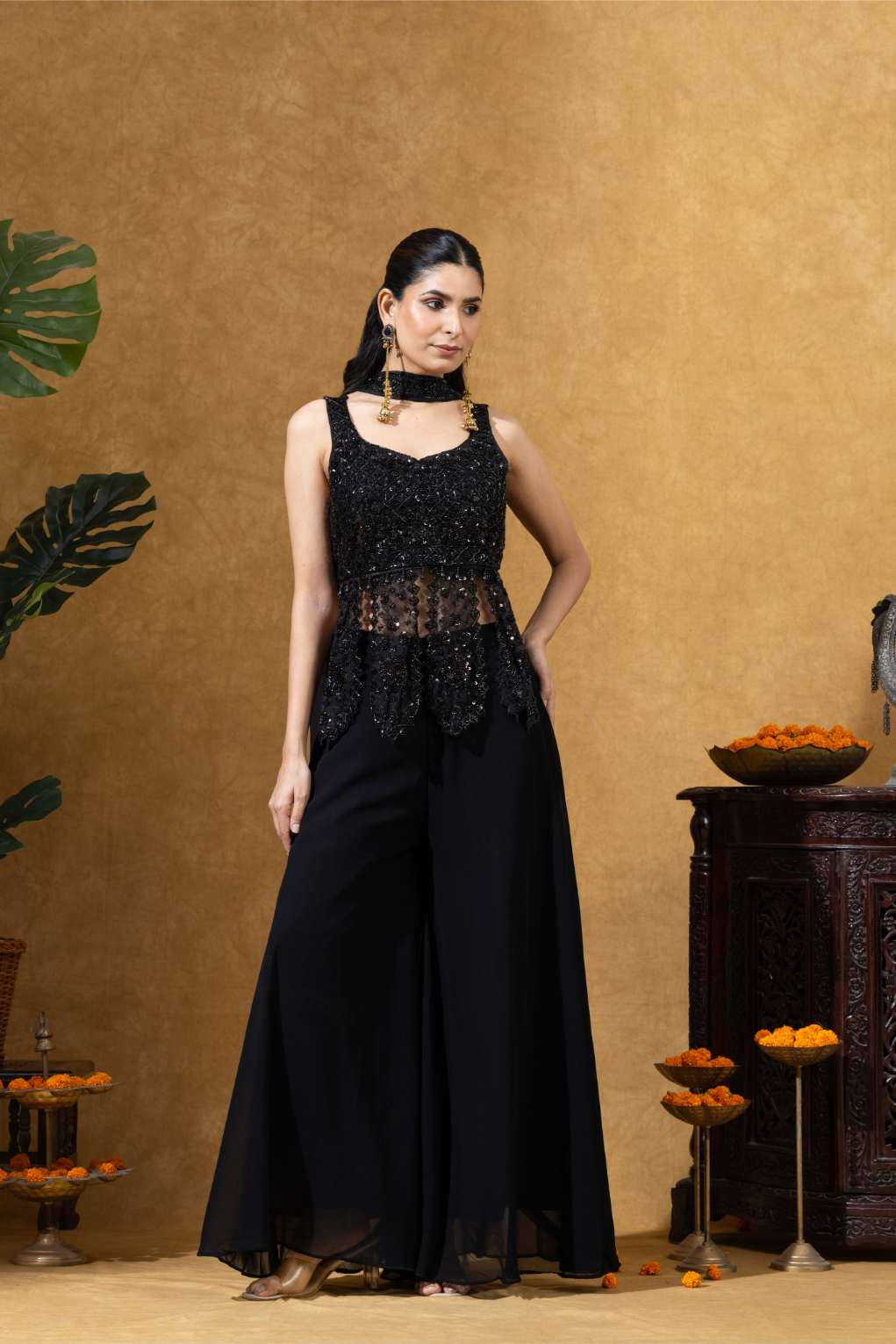 Midnight Black Embroidered Sharara Set