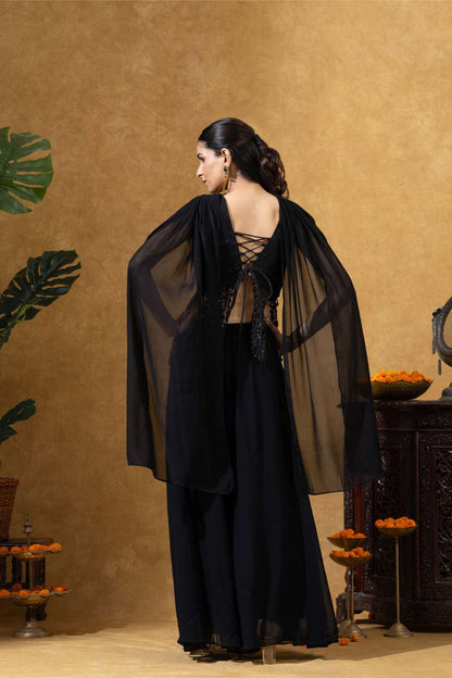 Midnight Black Embroidered Sharara Set