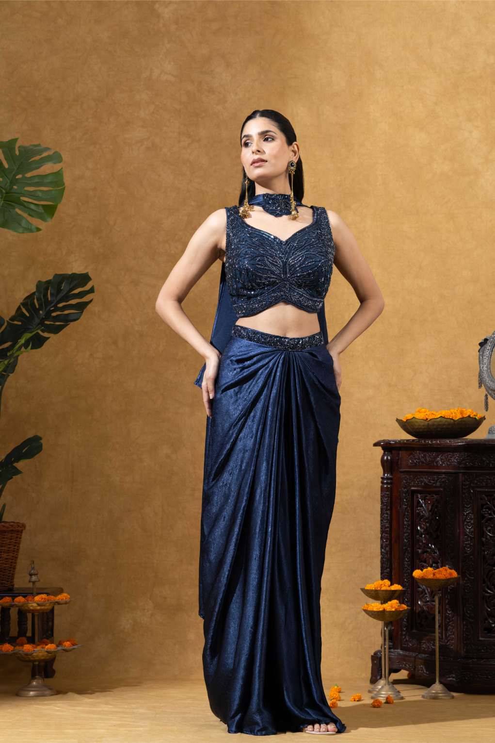 Midnight Blue Draped Skirt with Choker Dupatta Set