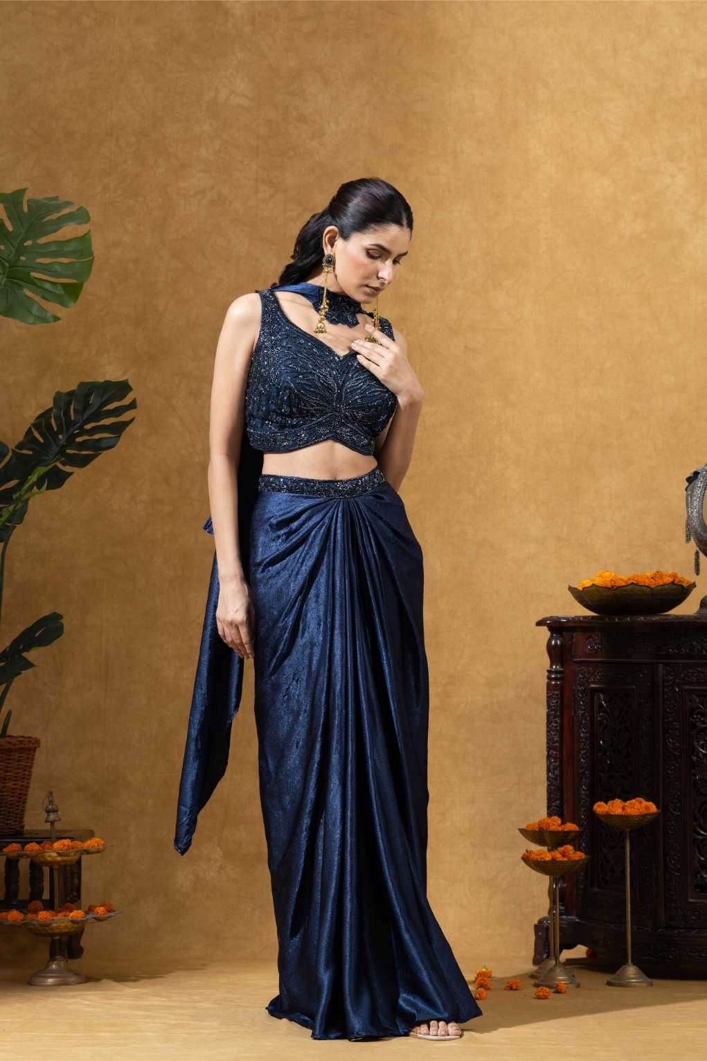 Midnight Blue Draped Skirt with Choker Dupatta Set