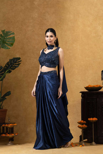 Midnight Blue Draped Skirt with Choker Dupatta Set