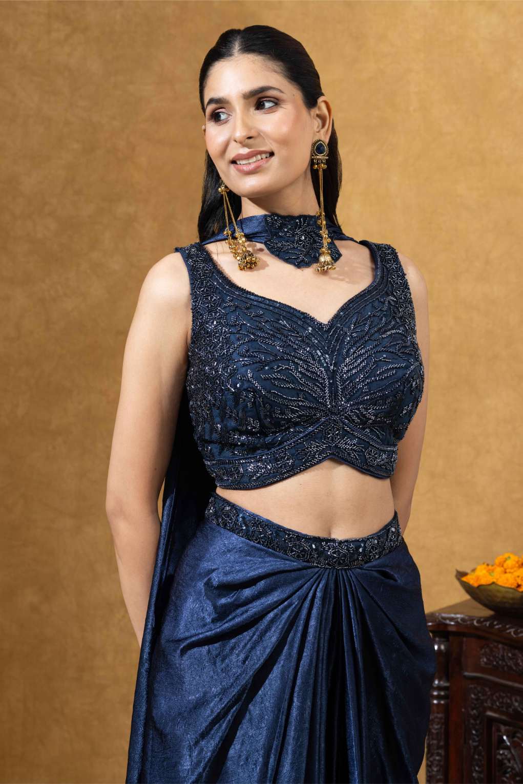 Midnight Blue Draped Skirt with Choker Dupatta Set