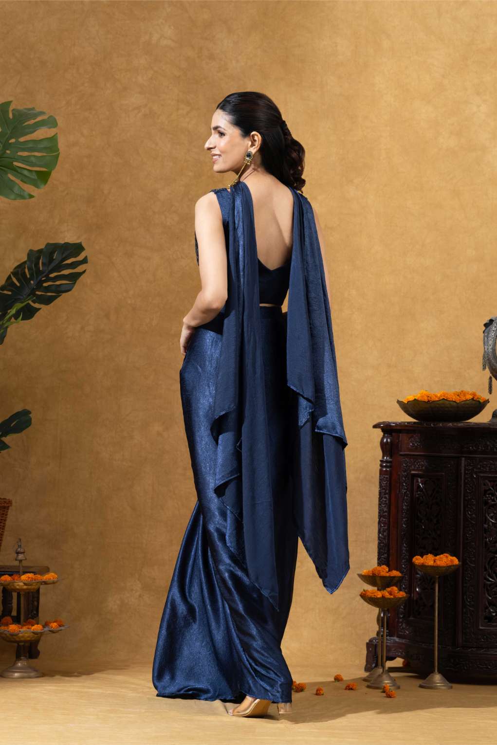 Midnight Blue Draped Skirt with Choker Dupatta Set