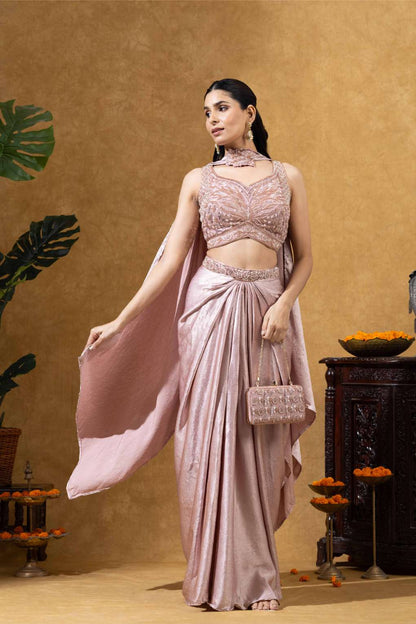 Rose Gold Draped Skirt with Choker Dupatta Set