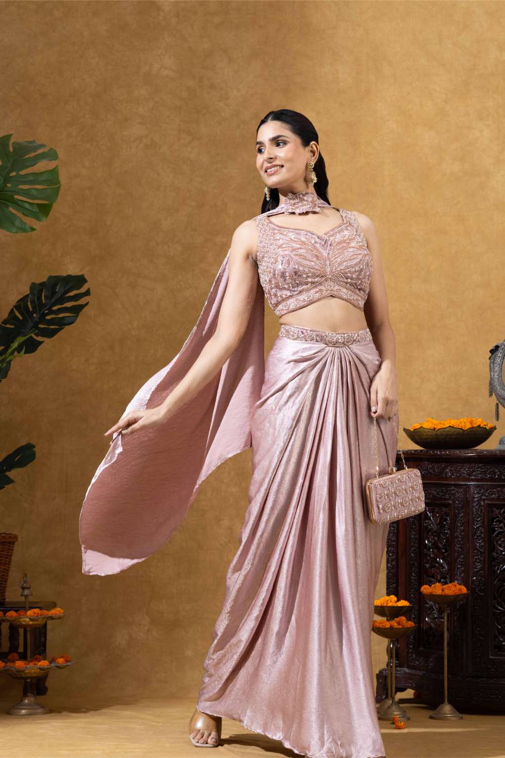 Rose Gold Draped Skirt with Choker Dupatta Set