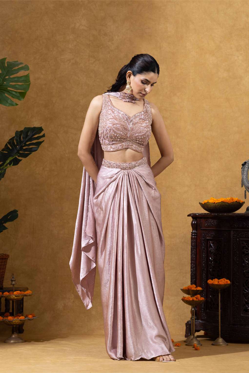 Rose Gold Draped Skirt with Choker Dupatta Set