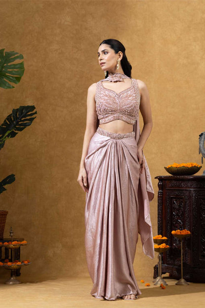 Rose Gold Draped Skirt with Choker Dupatta Set