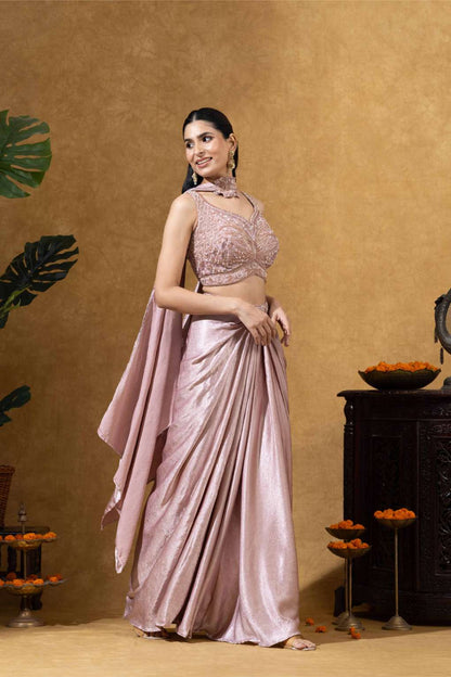 Rose Gold Draped Skirt with Choker Dupatta Set