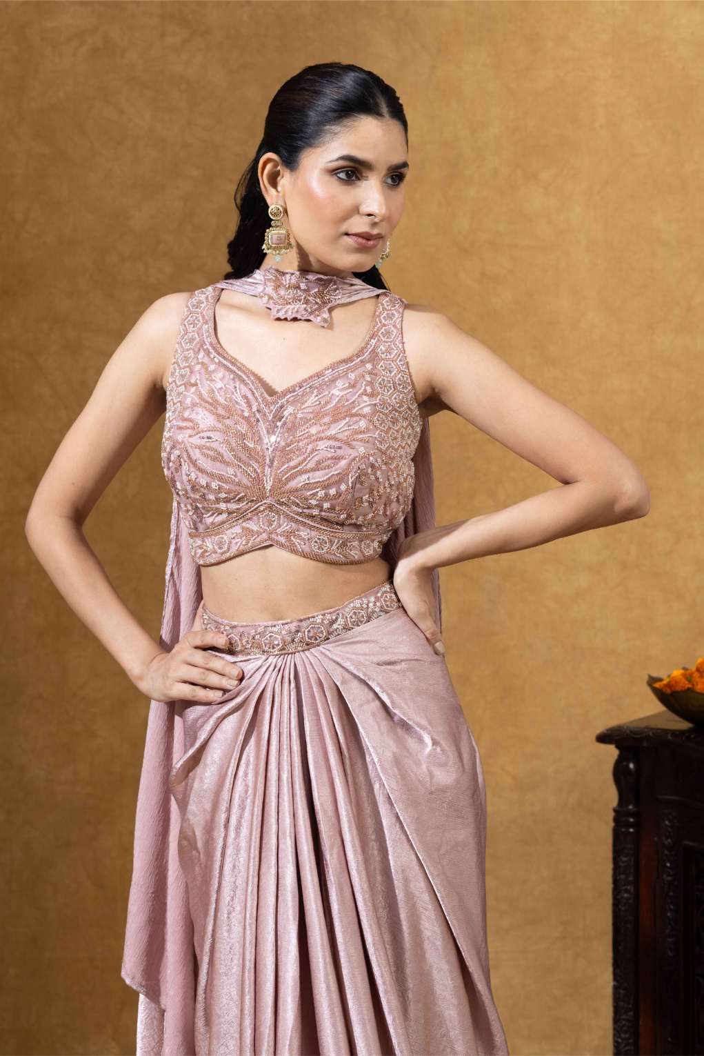 Rose Gold Draped Skirt with Choker Dupatta Set