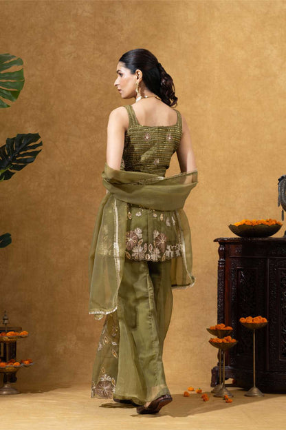 Embroidered Indo-Western Sharara Set in Olive Green