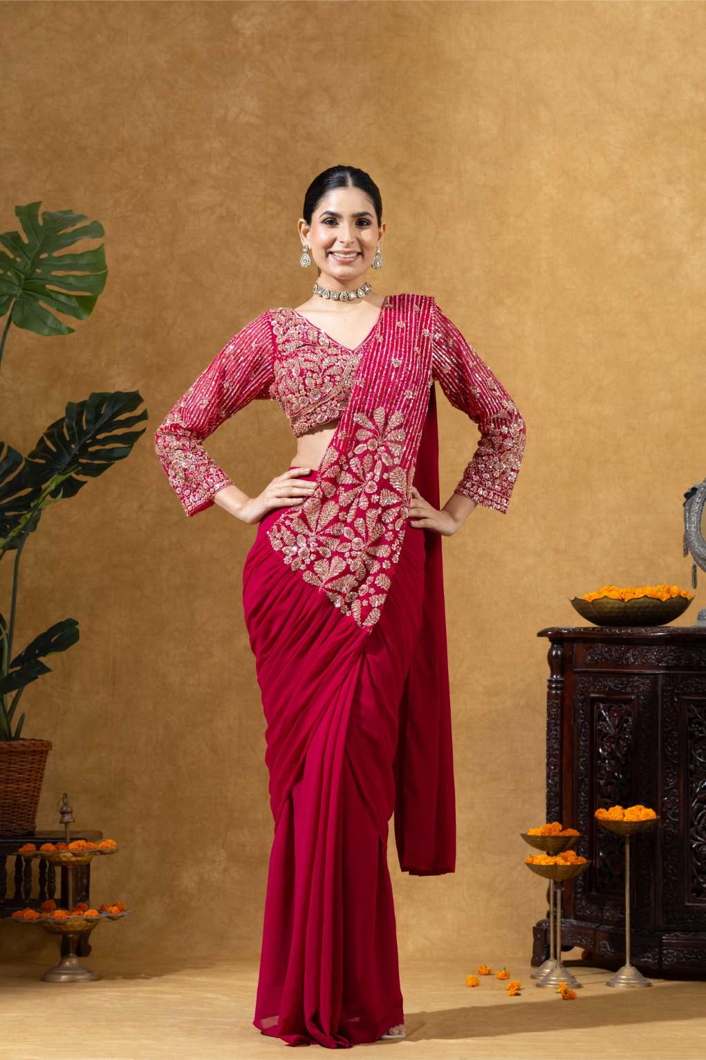Embroidered Draped Saree Set in Ruby Pink