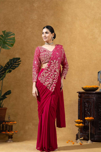 Embroidered Draped Saree Set in Ruby Pink