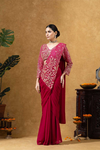 Embroidered Draped Saree Set in Ruby Pink