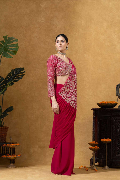 Embroidered Draped Saree Set in Ruby Pink