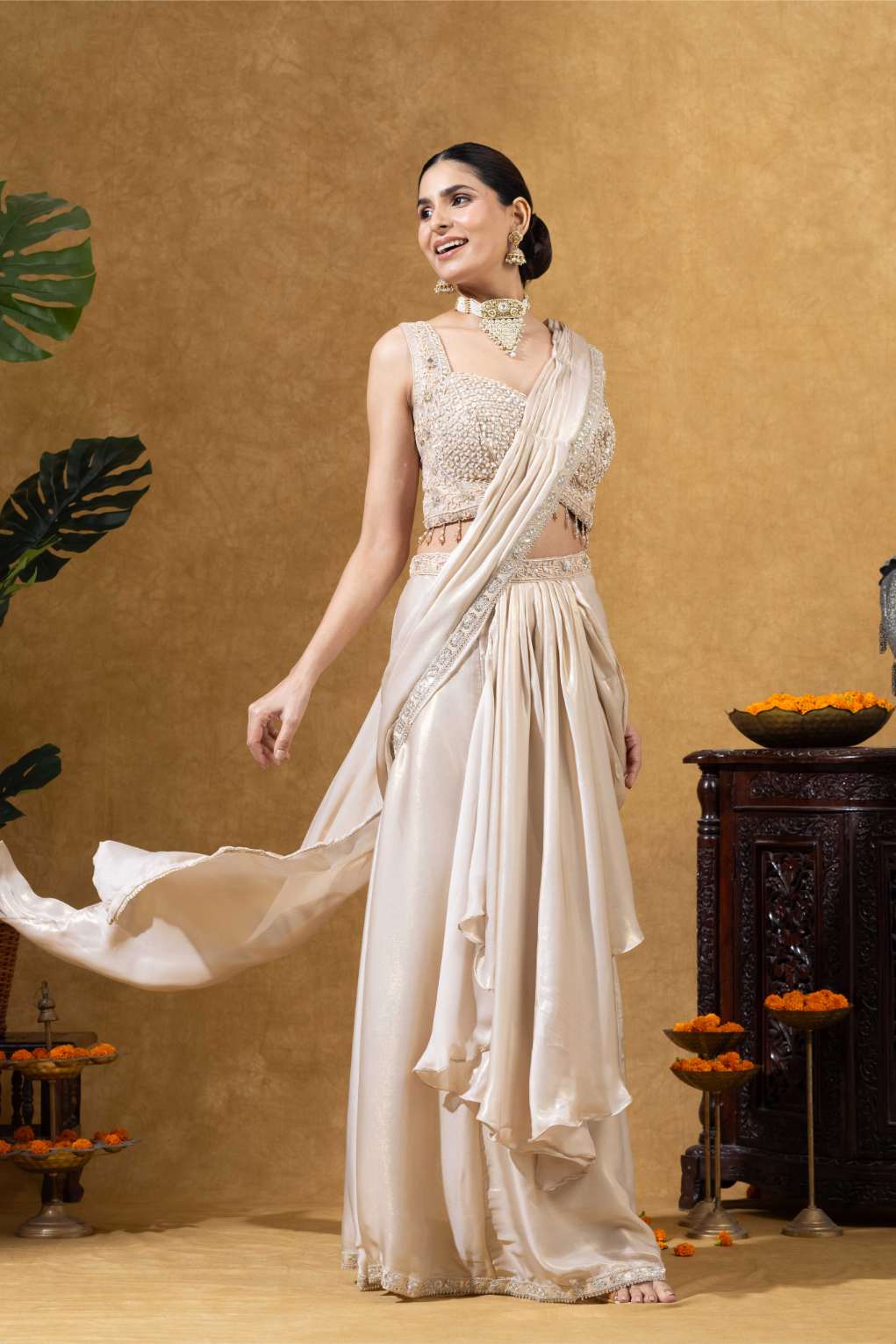 Champagne Gold Ivory Embellished Saree Set