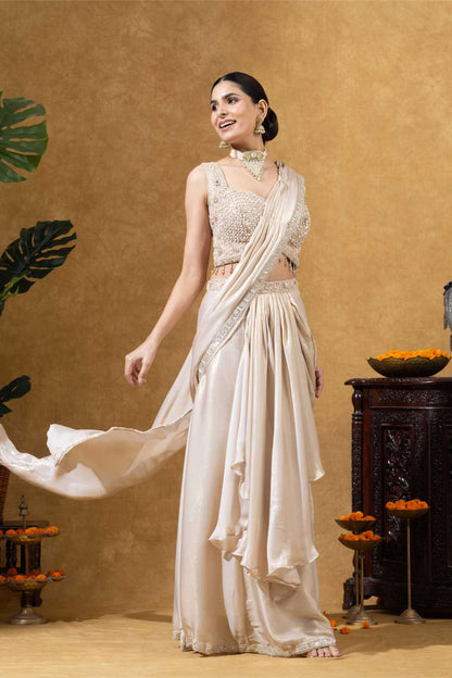 Champagne Gold Ivory Embellished Saree Set