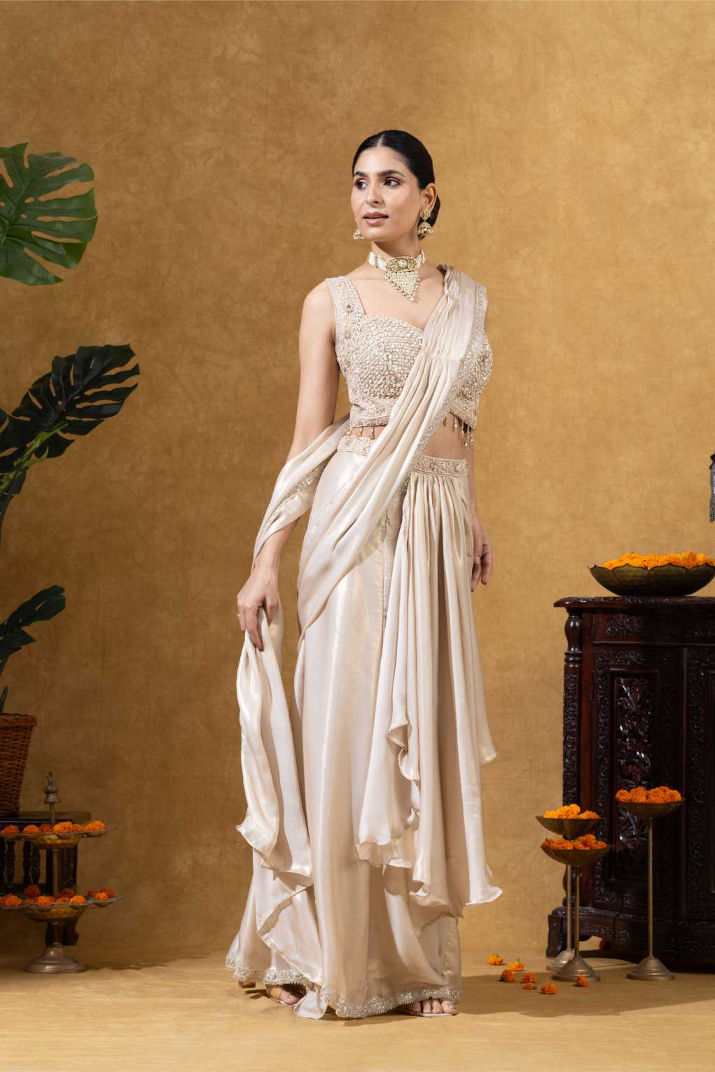 Champagne Gold Ivory Embellished Saree Set