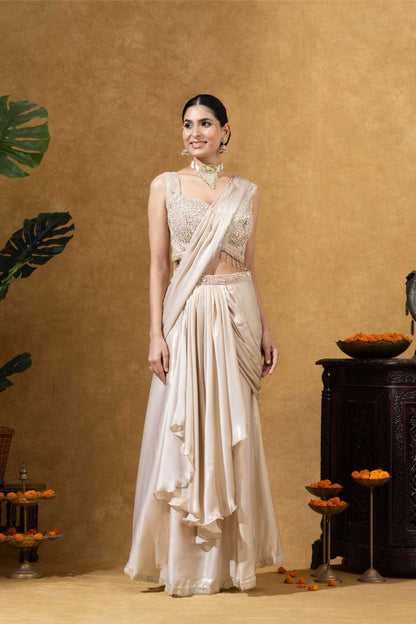 Champagne Gold Ivory Embellished Saree Set