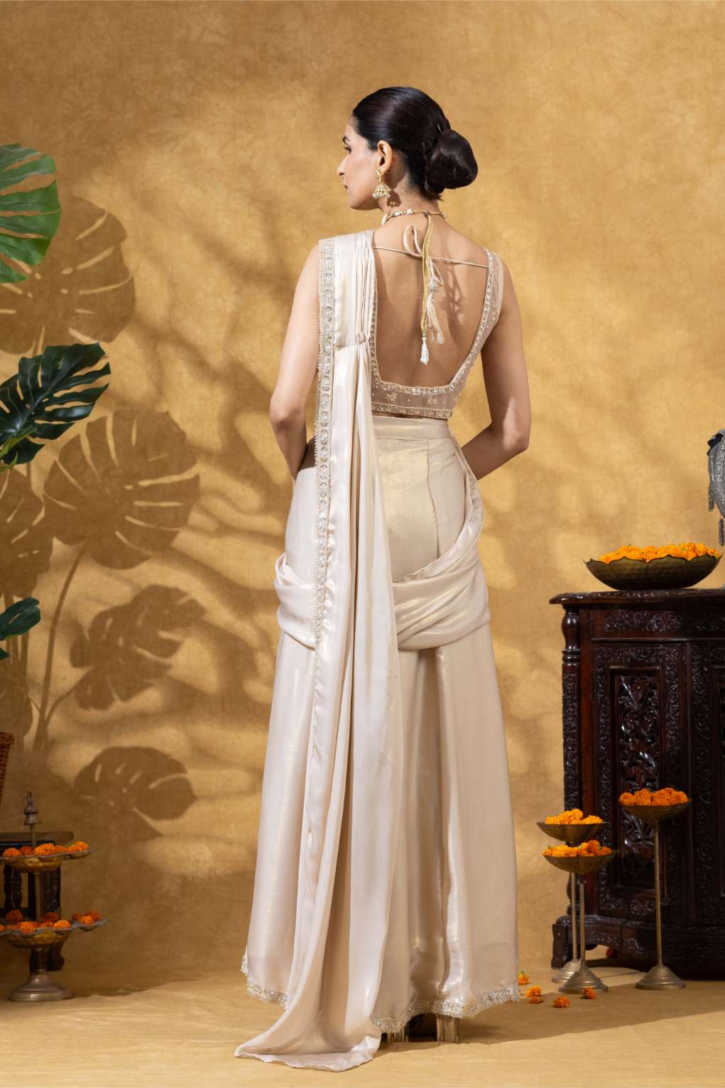 Champagne Gold Ivory Embellished Saree Set