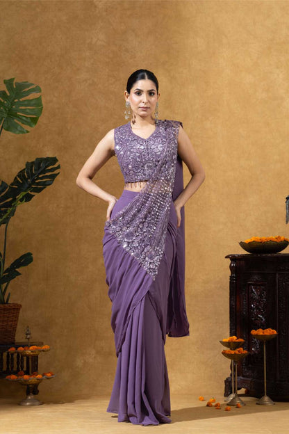 Embellished Draped Saree Set in Lavender