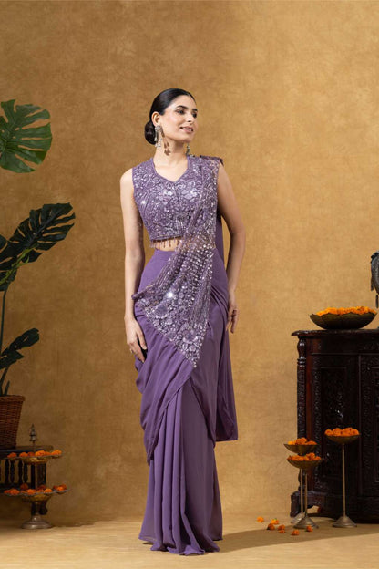 Embellished Draped Saree Set in Lavender