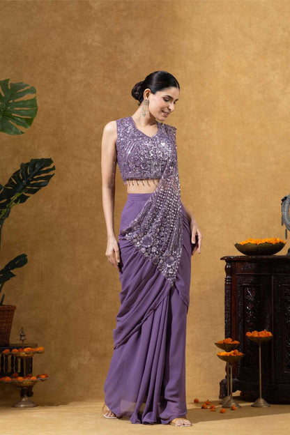 Embellished Draped Saree Set in Lavender